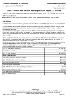 2017-18 Title I, Part D Fiscal Year Expenditure Report, 24 Months a Report of Year-To-Date Expenditures by Activity