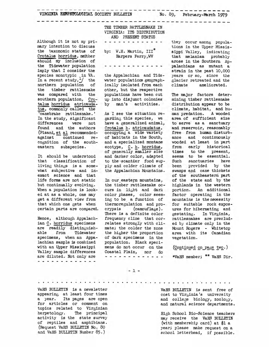 VIRGINIA Fierpetological SOCIETY BULLETIN No. 89, February-March 1979