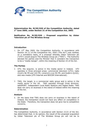 Determination No. M/05/020 of the Competition Authority, Dated 1St June 2005, Under Section 21 of the Competition Act, 2002 Noti
