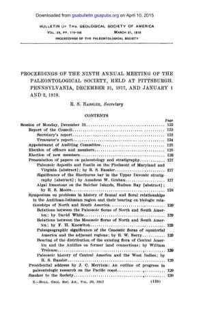 Proceedings of the Ninth Annual Meeting of the Paleontological Society, Held at Pittsburgh, Pennsylvania, December 31, 1917, and January 1 and 2, 1918