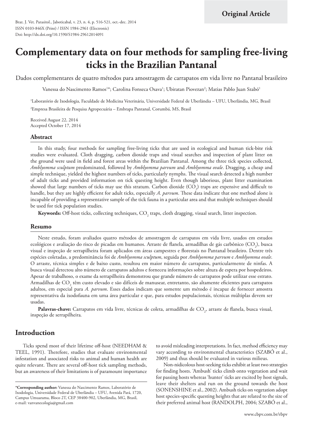 Complementary Data on Four Methods for Sampling Free-Living Ticks in The