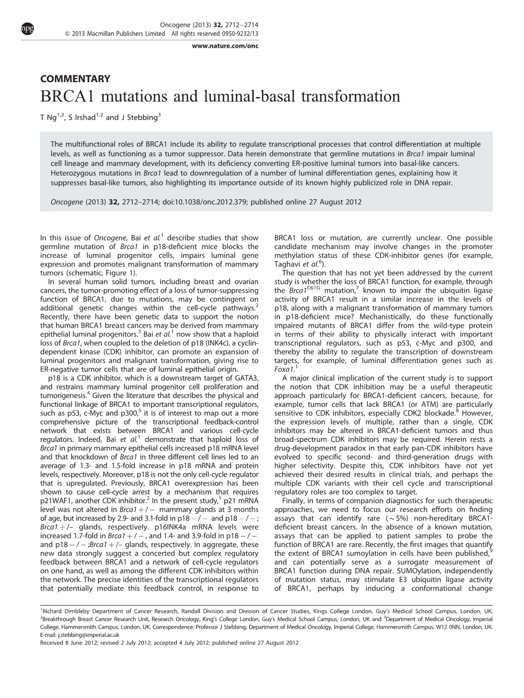 BRCA1 Mutations and Luminal-Basal Transformation