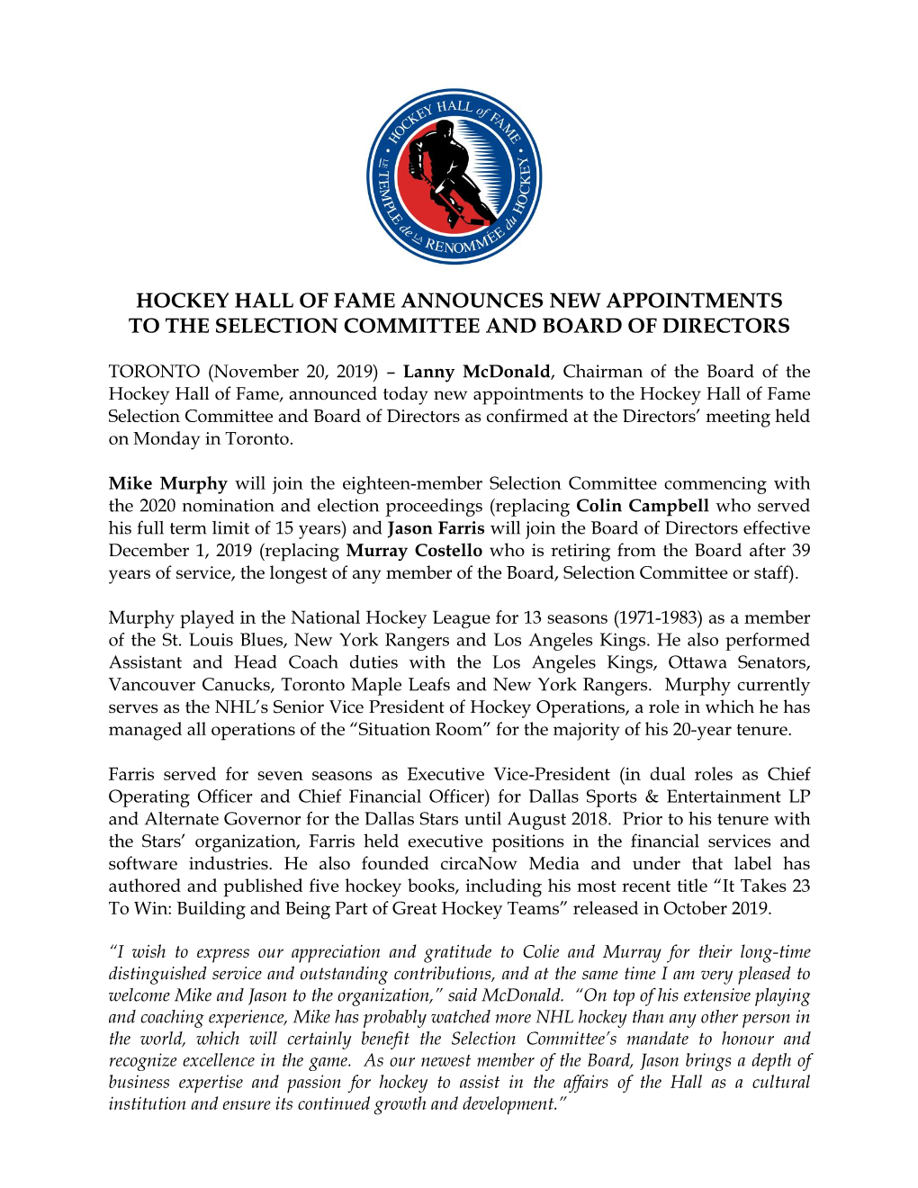 Hockey Hall of Fame Announces New Appointments to the Selection Committee and Board of Directors