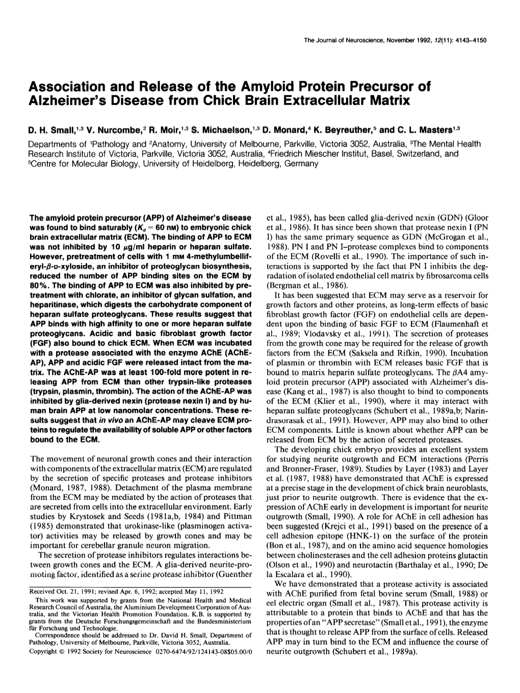 Association and Release of the Amyloid Protein Precursor of Alzheimer’S Disease from Chick Brain Extracellular Matrix
