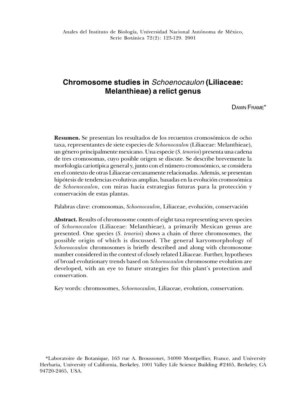 Chromosome Studies in Schoenocaulon (Liliaceae: Melanthieae) a Relict Genus