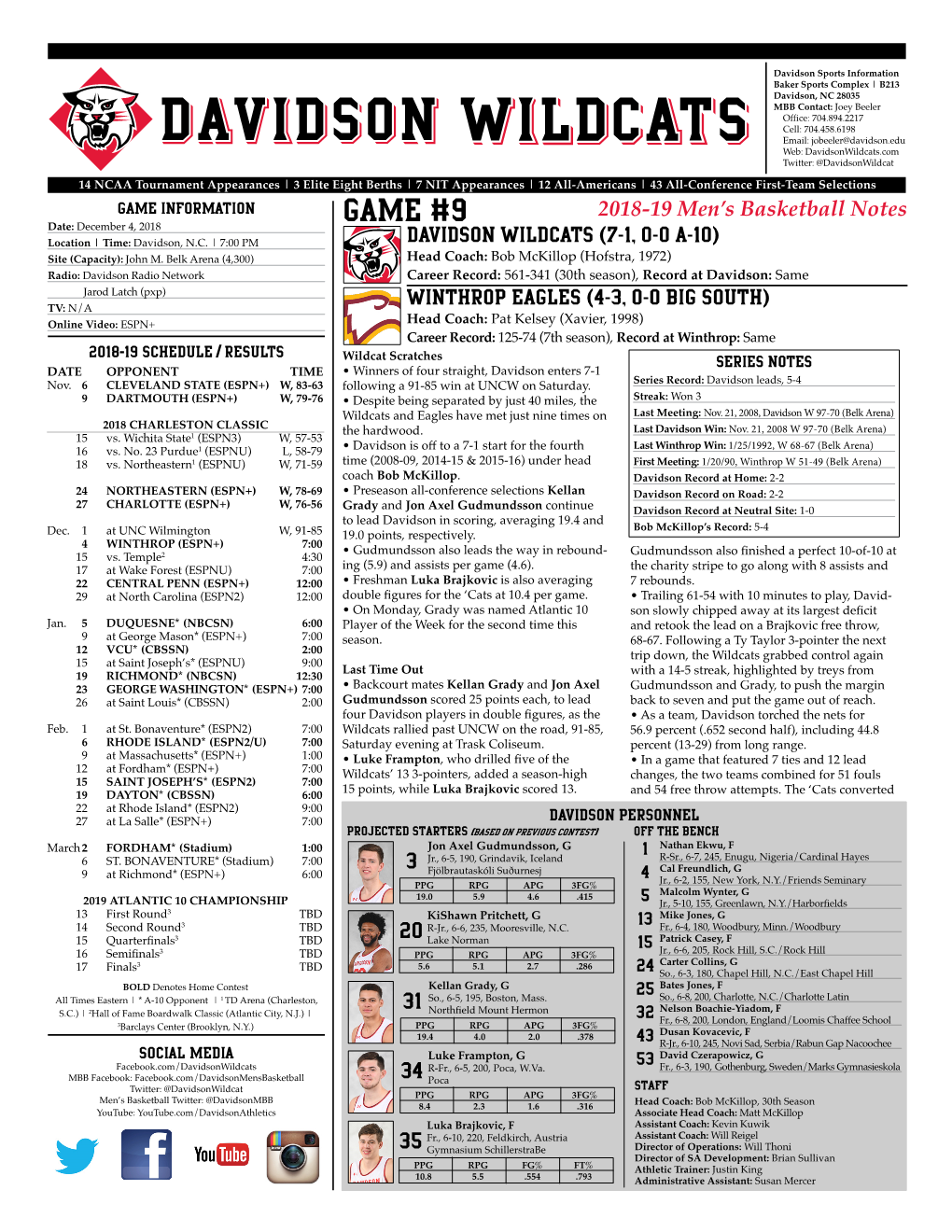 GAME #9 2018-19 Men’S Basketball Notes Date: December 4, 2018 DAVIDSON WILDCATS 7 1, 0 0 a 10 Location | Time: Davidson, N.C