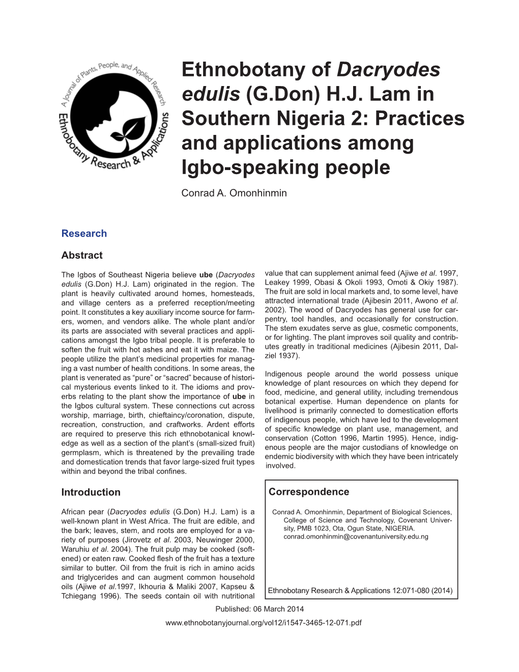 Ethnobotany of Dacryodes Edulis (G.Don) HJ Lam in Southern Nigeria 2