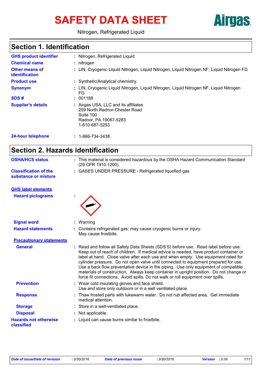 SAFETY DATA SHEET Nitrogen, Refrigerated Liquid