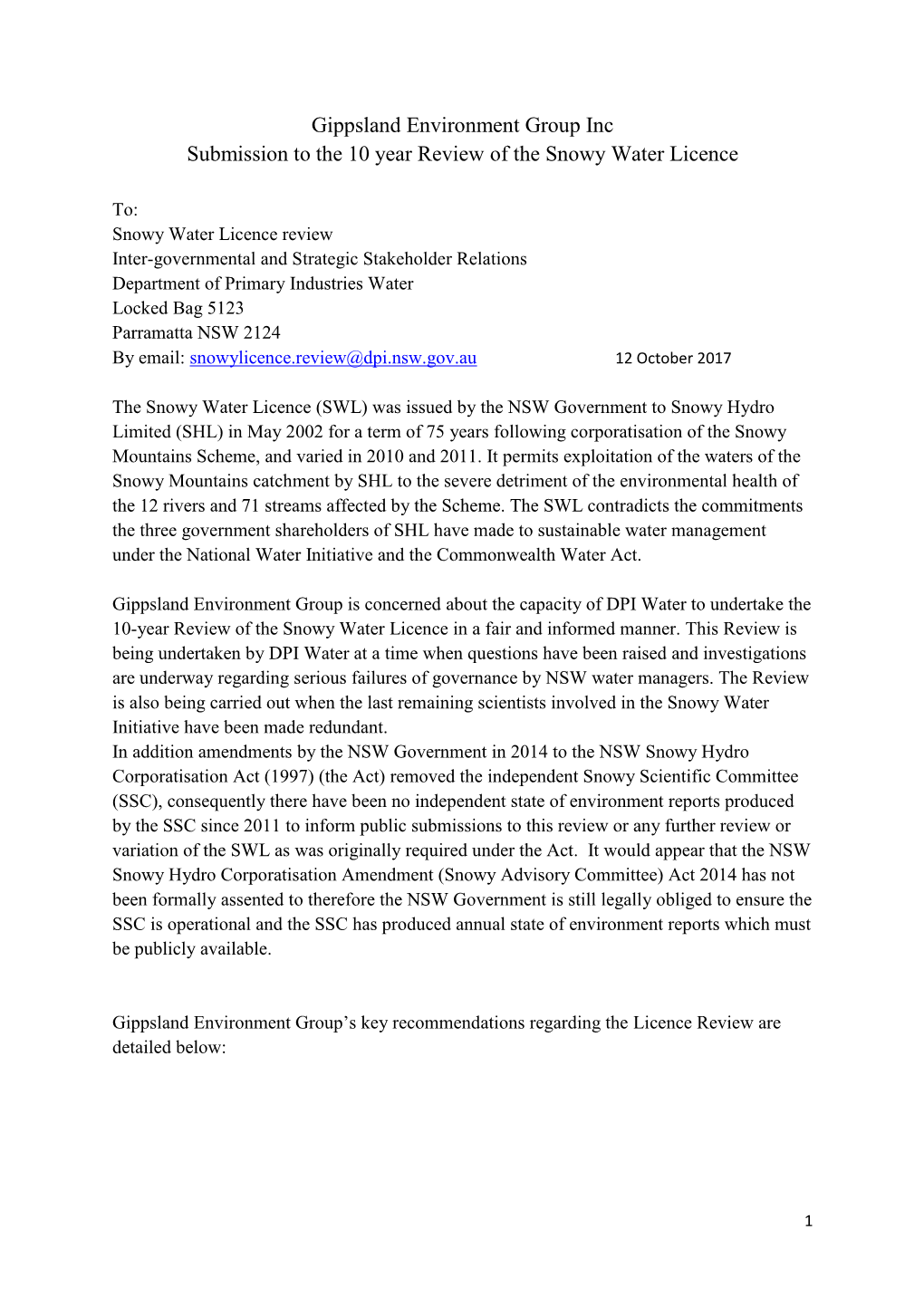 GEG Submission to the 10-Year Review of the Snowy Water Licence