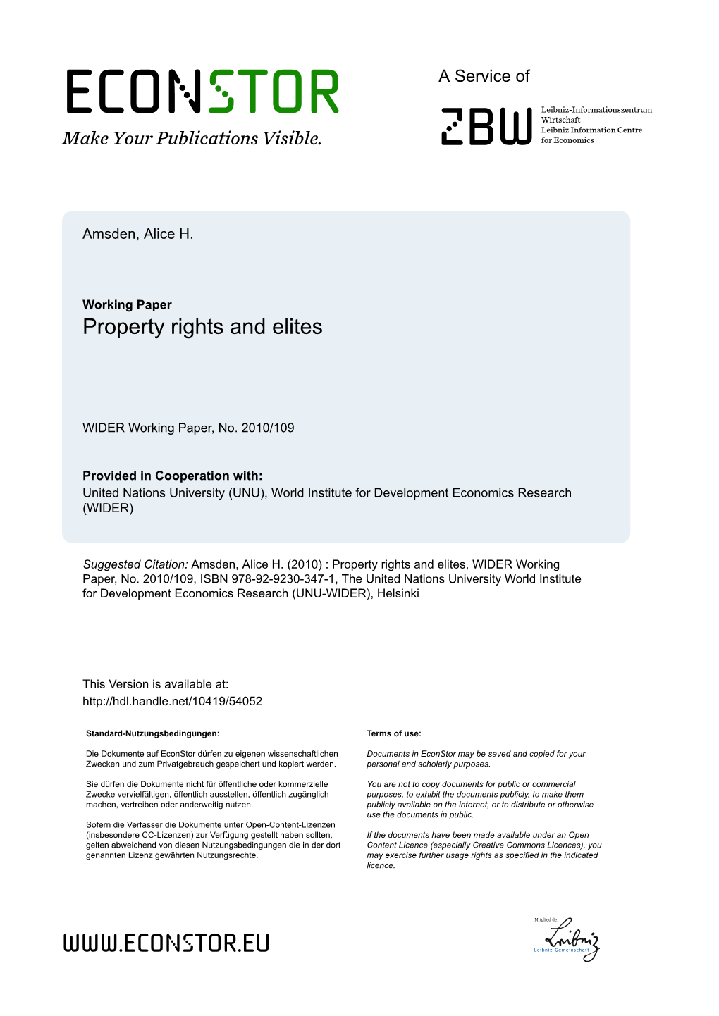 WIDER Working Paper No. 2010/109 Property Rights and Elites