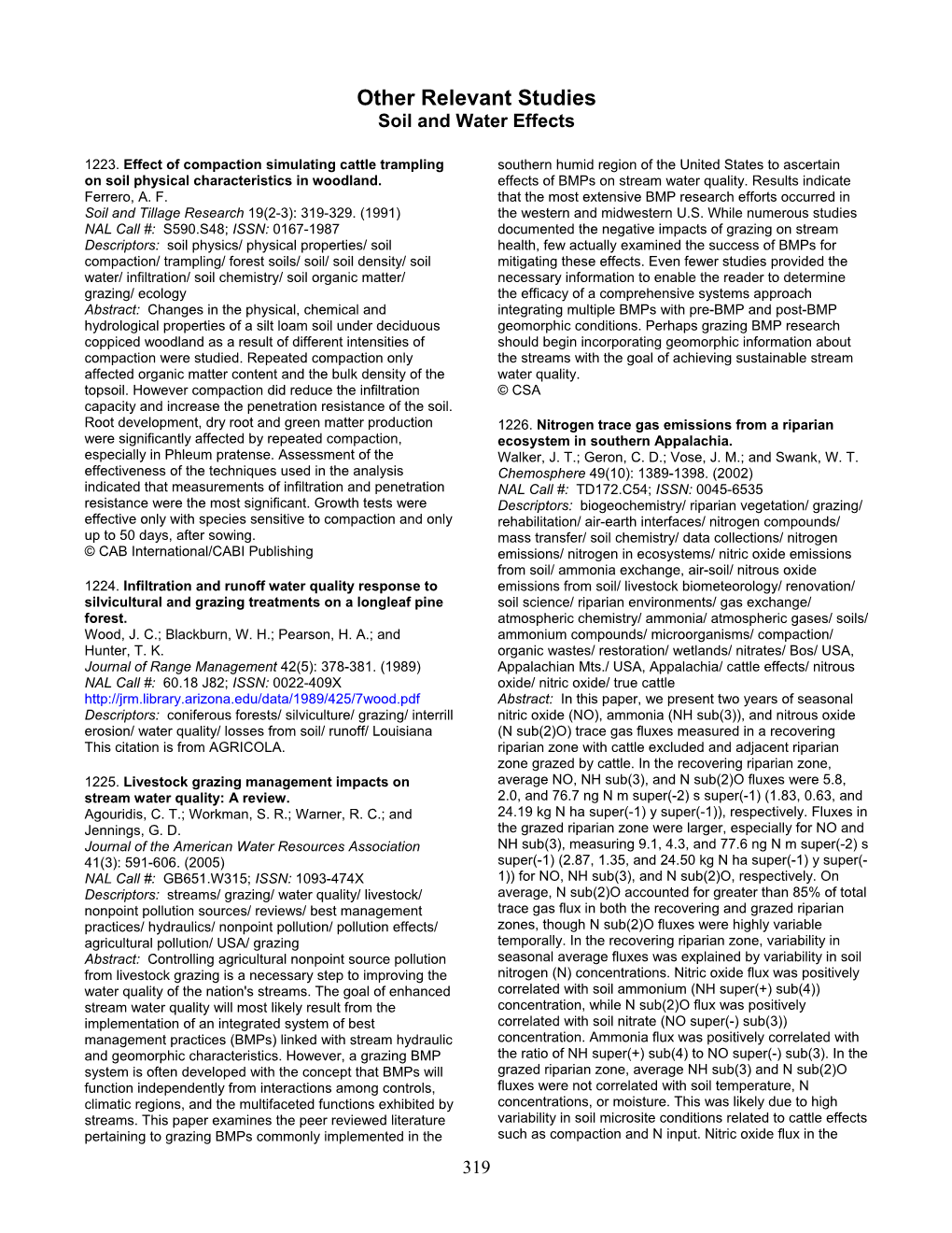 Other Relevant Studies Soil and Water Effects