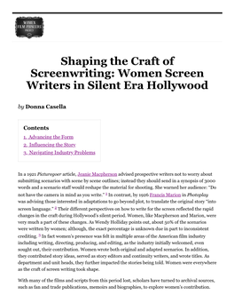 Shaping the Craft of Screenwriting: Women Screen Writers in Silent Era Hollywood by Donna Casella