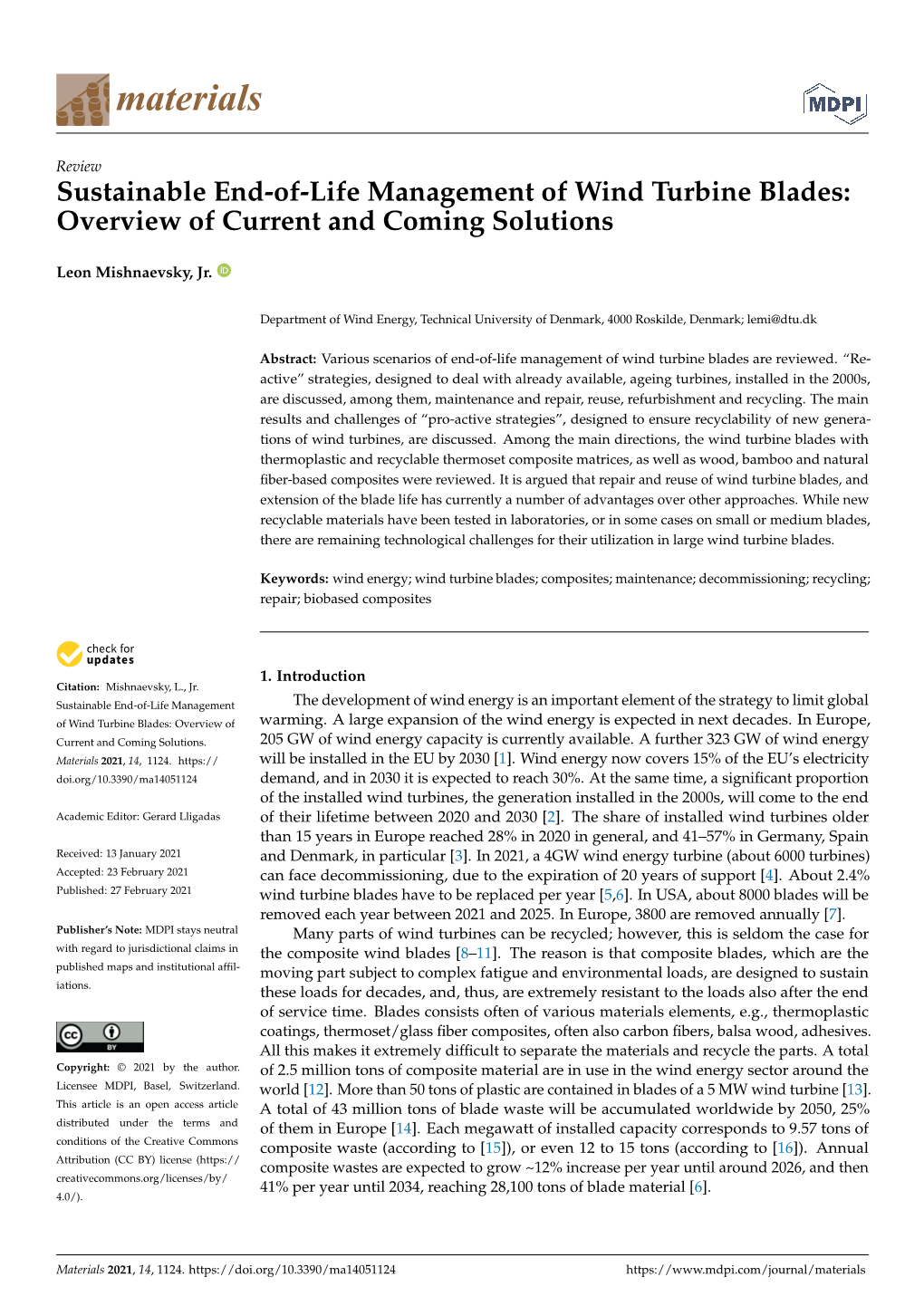 Sustainable End-Of-Life Management of Wind Turbine Blades: Overview of Current and Coming Solutions