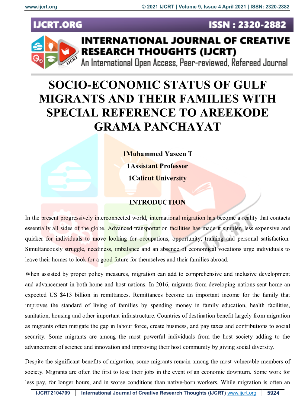 Socio-Economic Status of Gulf Migrants and Their Families with Special Reference to Areekode Grama Panchayat