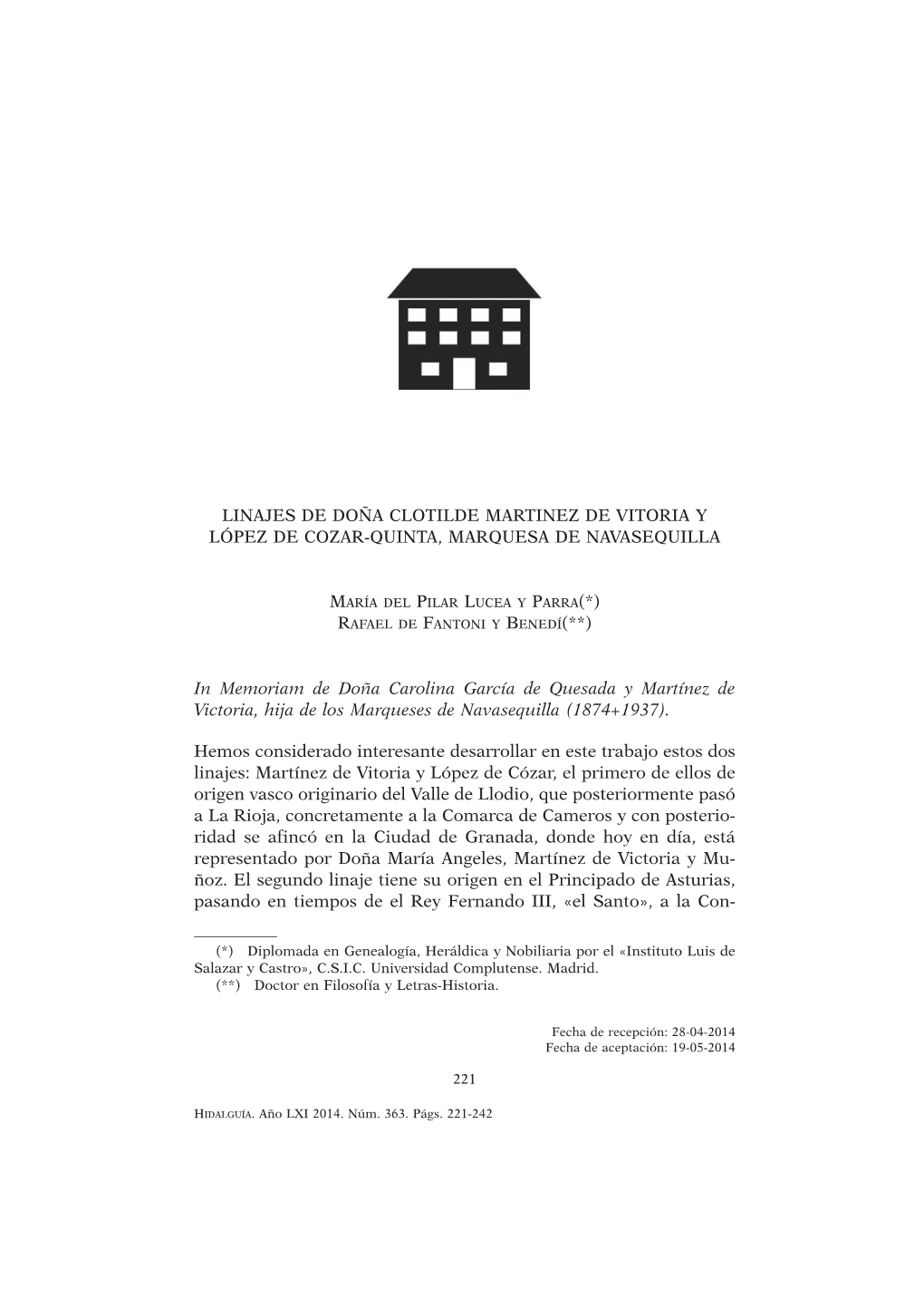 Linajes De Doña Clotilde Martinez De Vitoria Y López De Cozar-Quinta, Marquesa De Navasequilla