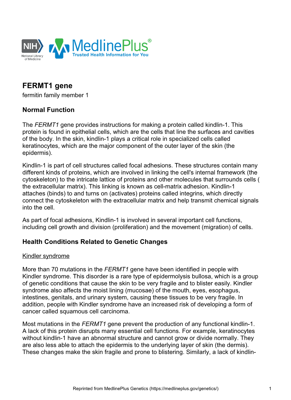 FERMT1 Gene Fermitin Family Member 1