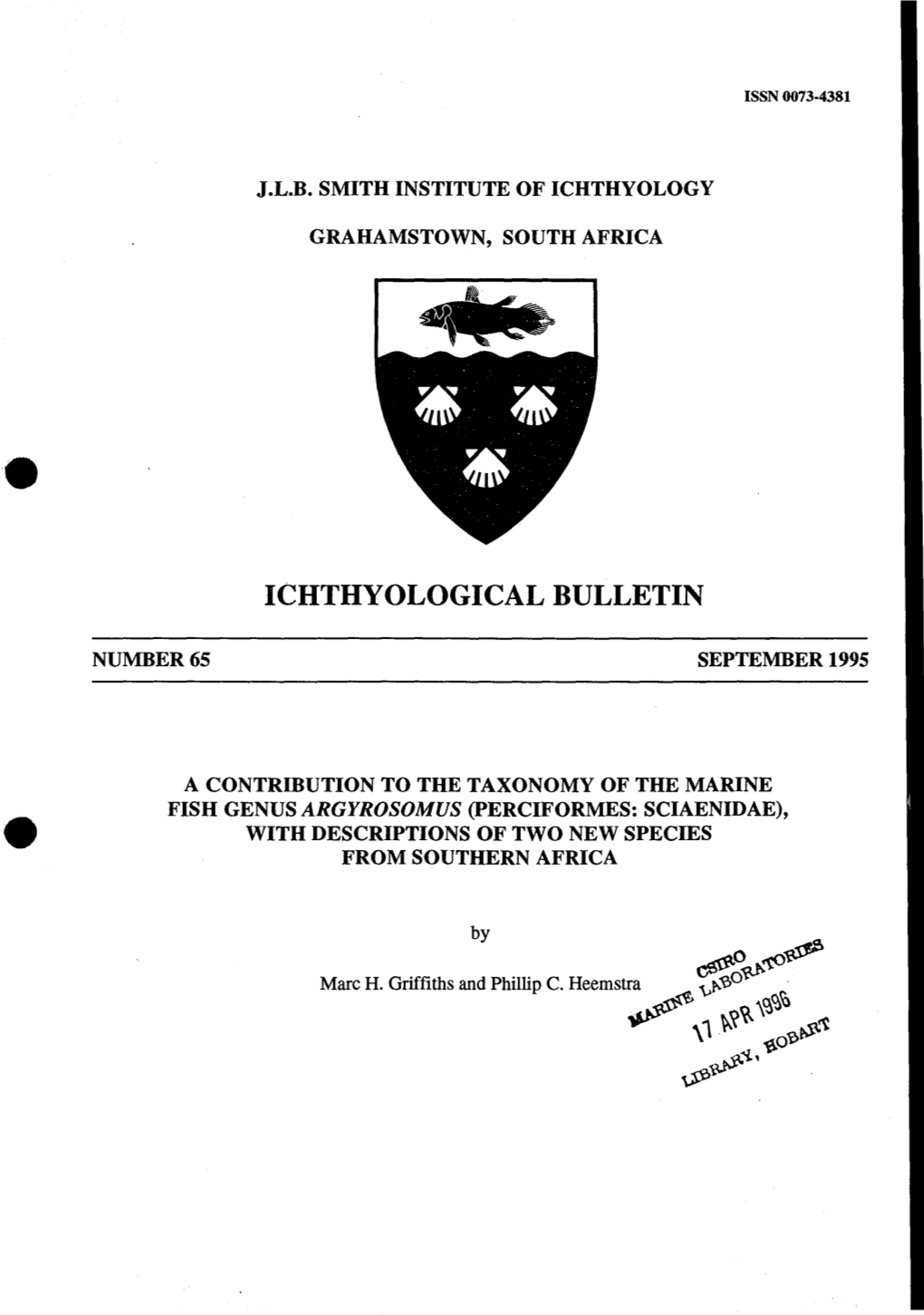 A Contribution to the Taxonomy of the Marine Fish Genus Argyrosomus (Perciformes: Sciaenidae), with Descriptions of Two New Species • from Southern Africa