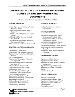 APPENDIX A: LIST of PARTIES RECEIVING COPIES of the ENVIRONMENTAL DOCUMENTS *Indicates Parties That Have Received Copies of the Final EIS/EIR