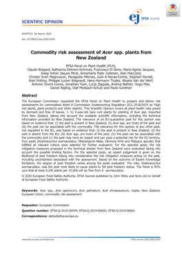Commodity Risk Assessment of Acer Spp. Plants from New Zealand