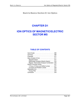 Chapter D1 Ion Optics of Magnetic/Electric Sector Ms