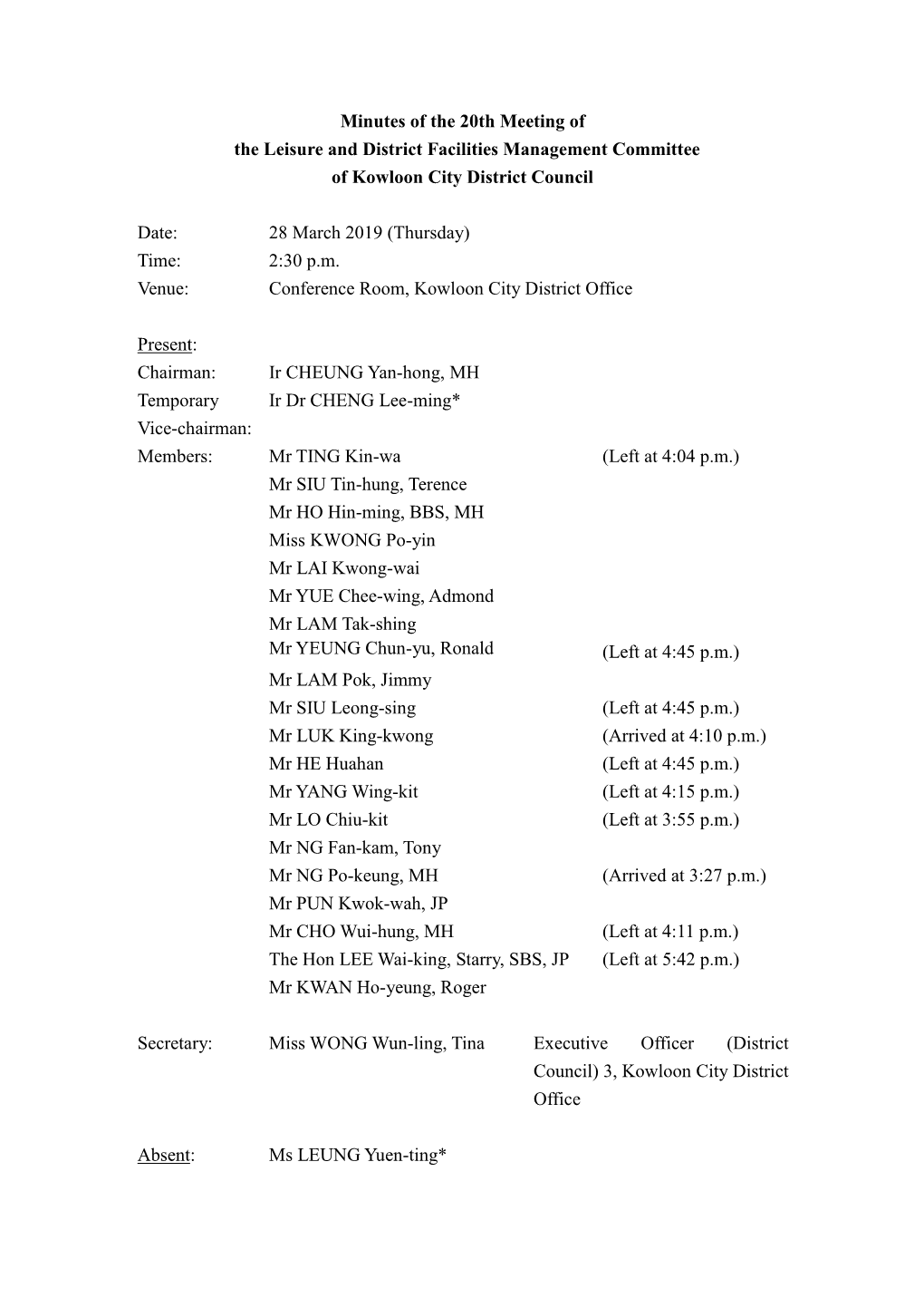 Minutes of the 20Th Meeting of the Leisure and District Facilities Management Committee of Kowloon City District Council