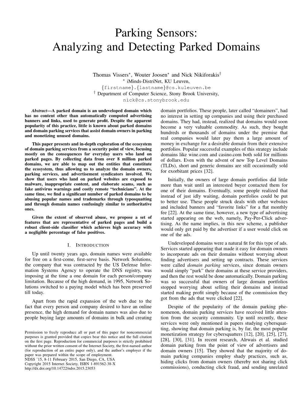 Parking Sensors: Analyzing and Detecting Parked Domains