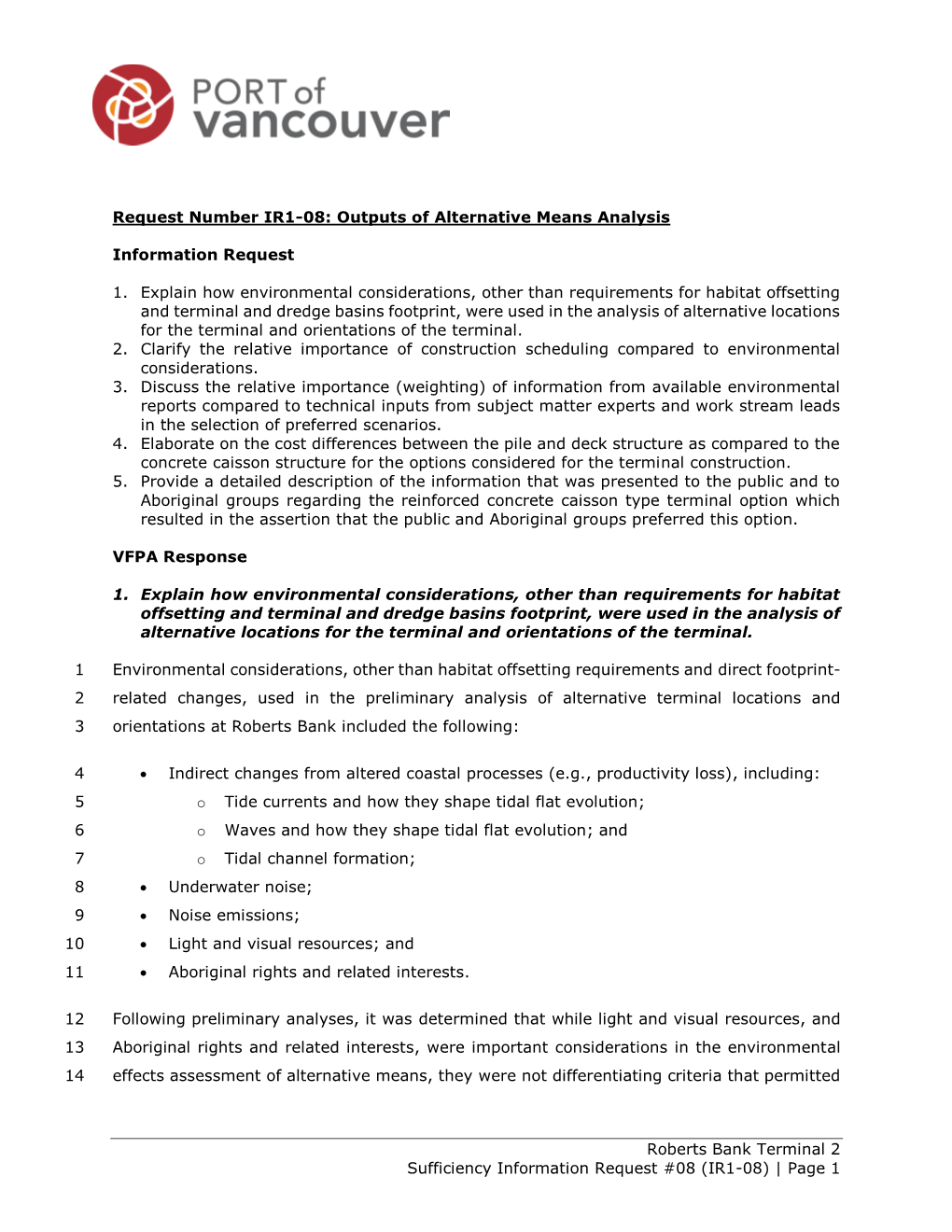 Roberts Bank Terminal 2 Sufficiency Information Request #08 (IR1-08) | Page 1 15 a Comparative Analysis