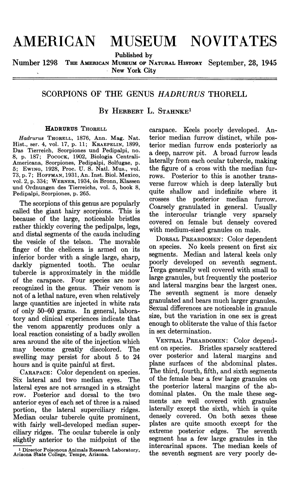 AMERICAN MUSEUM NOVITATES Published by Number 1298 the Amfnuican MUSEUM of NATURAL HISTORY September, 28, 1945 New York City