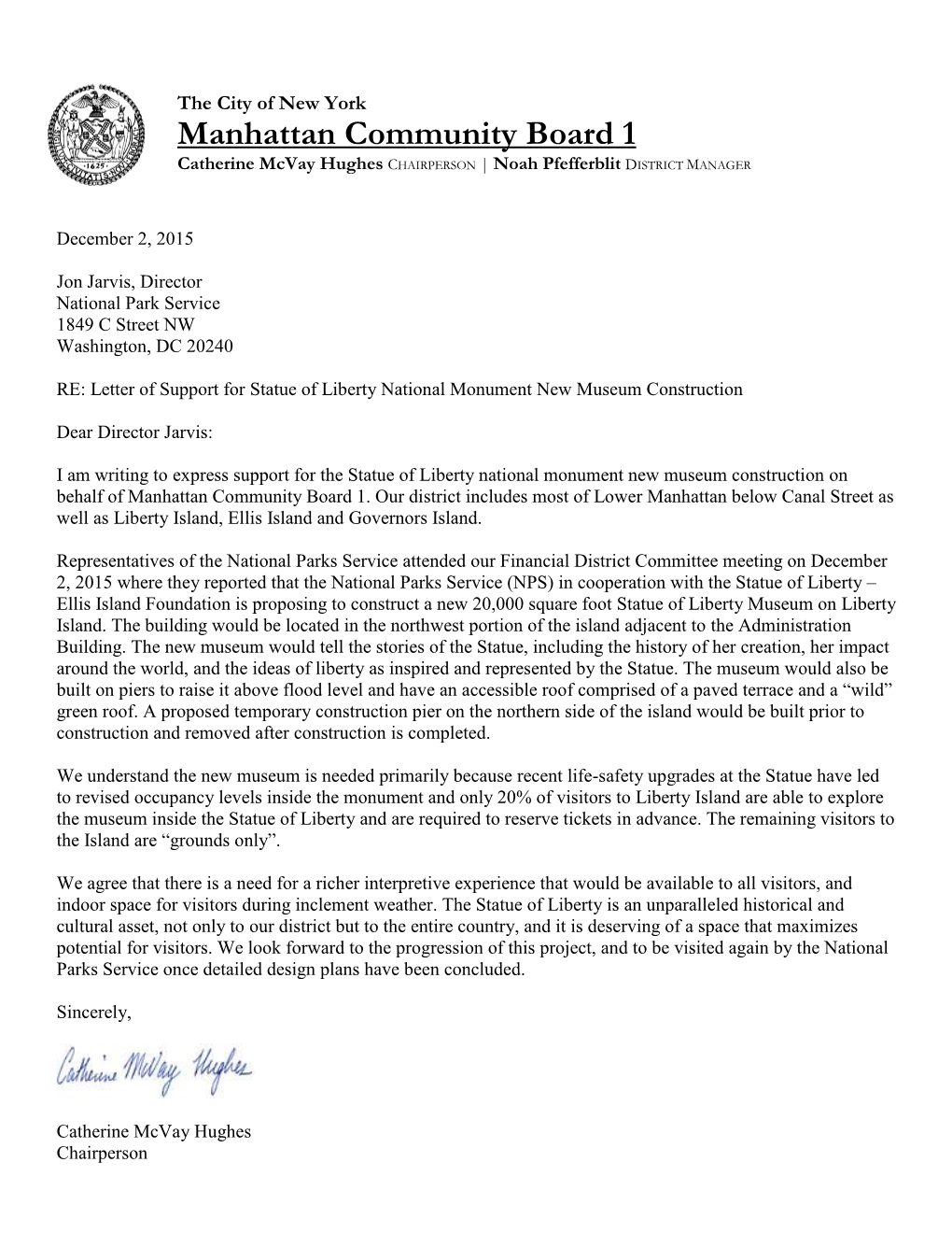 Letter of Support for Statue of Liberty National Monument New Museum Construction