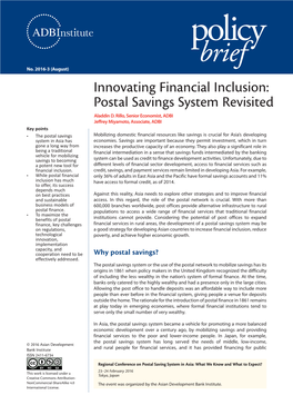 Innovating Financial Inclusion: Postal Savings System Revisited Aladdin D