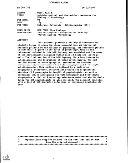 NOTE DESCRIPTORS Research Projects on the History of Psychology. the Resources Pertain Well. the First Section of the Bibliograp