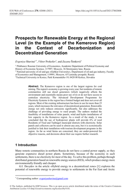 Prospects for Renewable Energy at the Regional Level (In the Example of the Kemerovo Region) in the Context of Decarbonization and Decentralized Generation