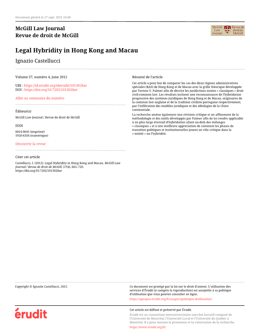 Legal Hybridity in Hong Kong and Macau Ignazio Castellucci
