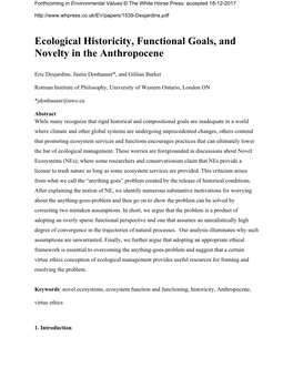 Ecological Historicity, Functional Goals, and Novelty in the Anthropocene