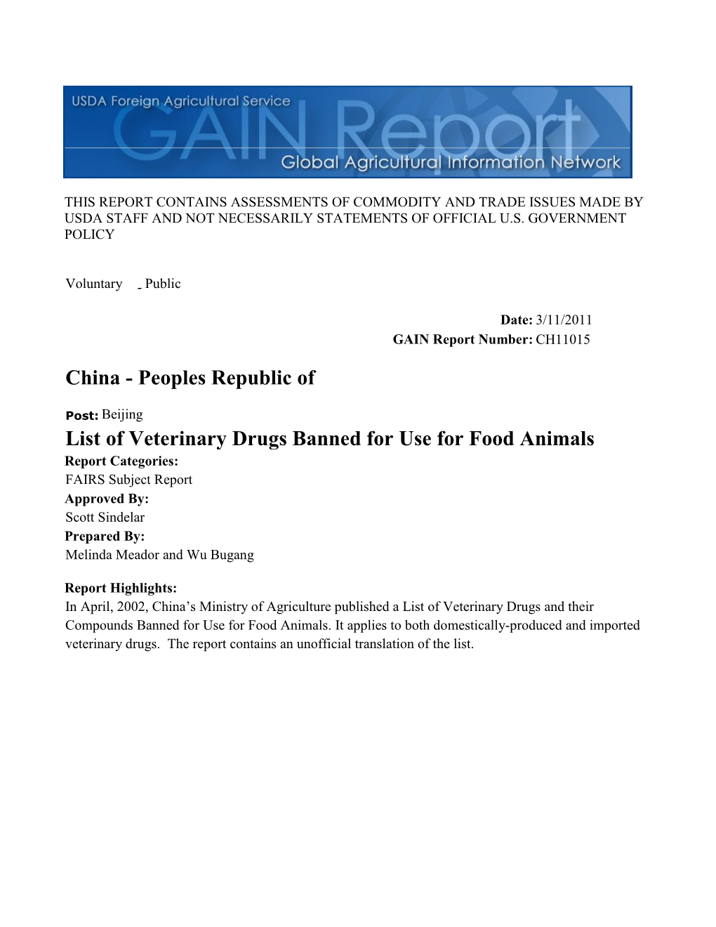 List of Veterinary Drugs Banned for Use for Food