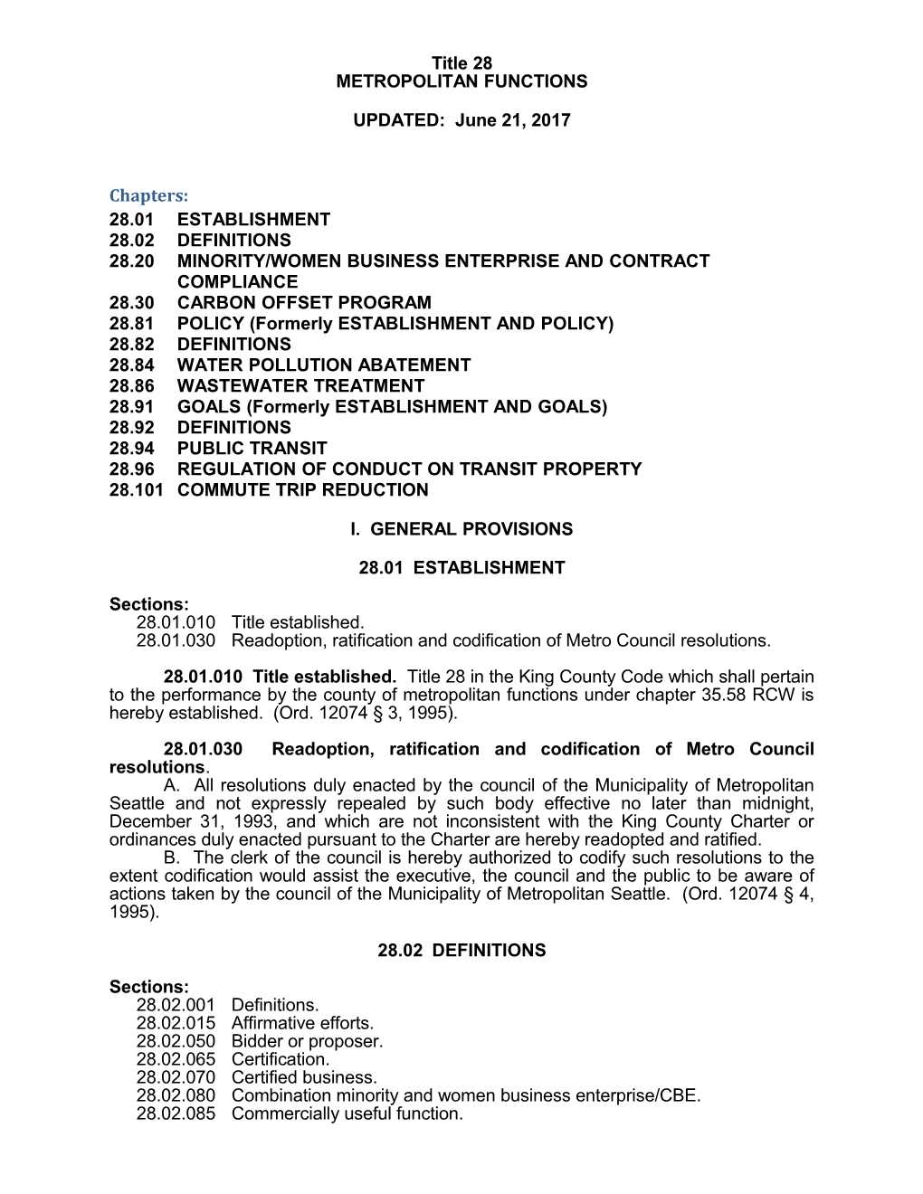 Title 28 - METROPOLITAN FUNCTIONS