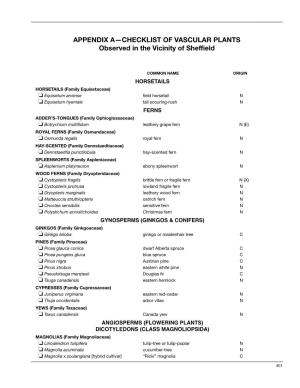 APPENDIX A—CHECKLIST of VASCULAR PLANTS Observed in the Vicinity of Sheffield
