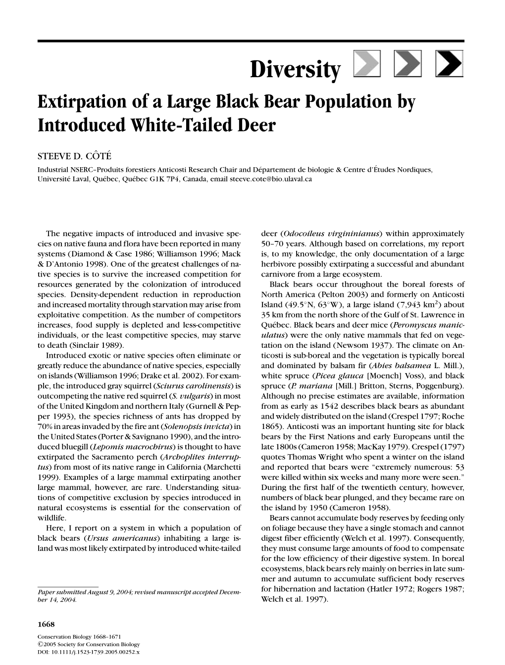 Diversity Extirpation of a Large Black Bear Population by Introduced White-Tailed Deer