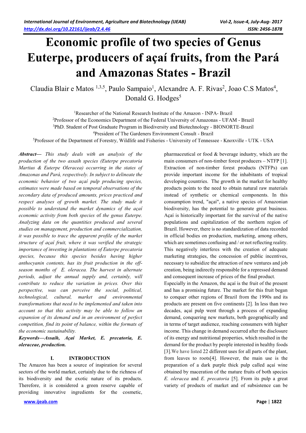 Economic Profile of Two Species of Genus Euterpe, Producers of Açaí