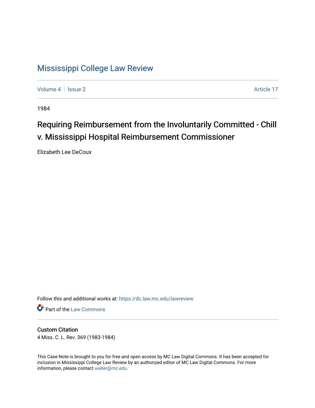 Requiring Reimbursement from the Involuntarily Committed - Chill V