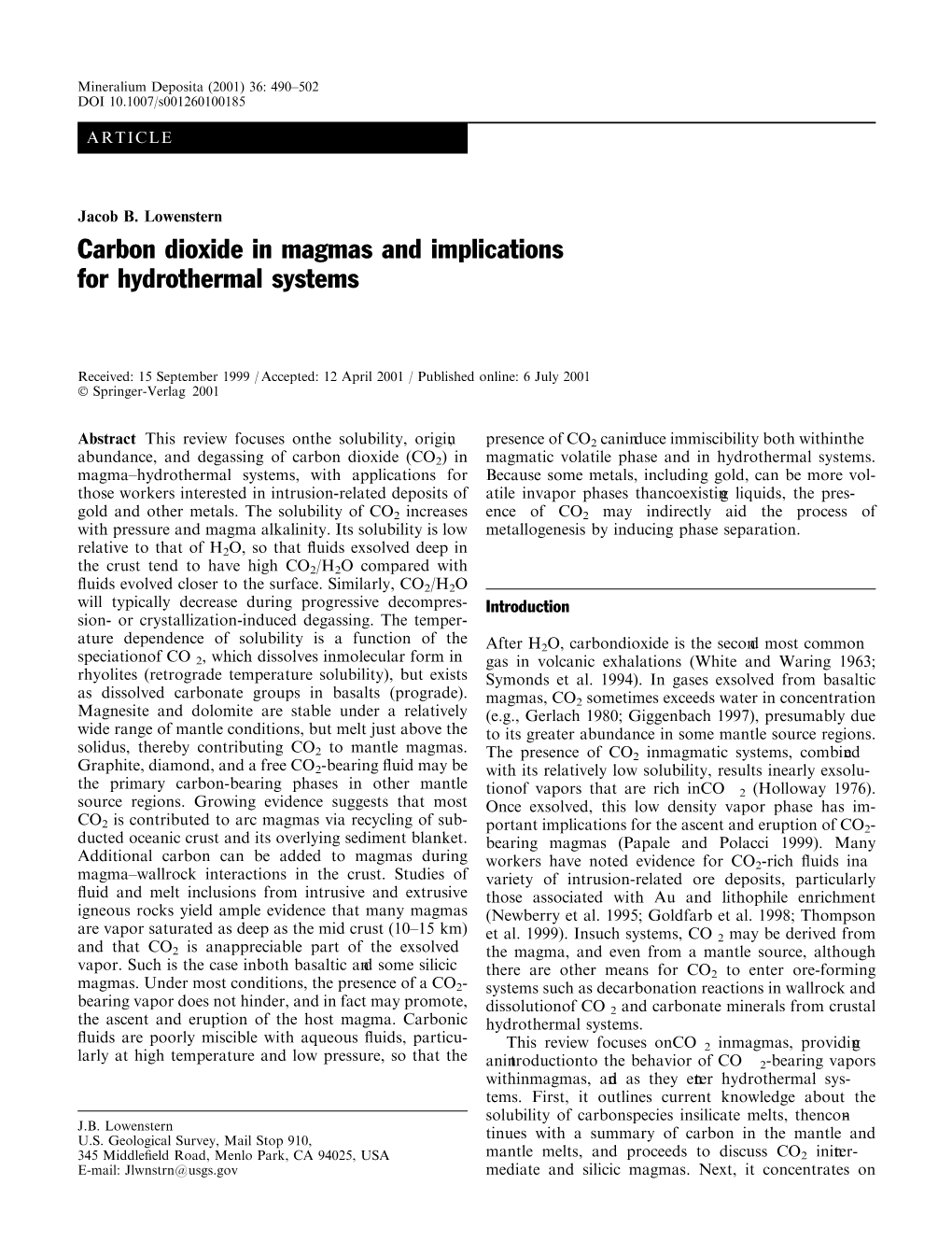 Carbon Dioxide in Magmas and Implications for Hydrothermal Systems