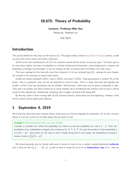18.675: Theory of Probability Introduction 1 September 4, 2019