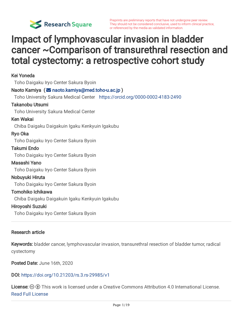 Impact of Lymphovascular Invasion in Bladder Cancer ~Comparison of Transurethral Resection and Total Cystectomy: a Retrospective Cohort Study