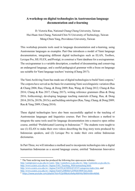 A Workshop on Digital Technologies in Austronesian Language Documentation and E-Learning