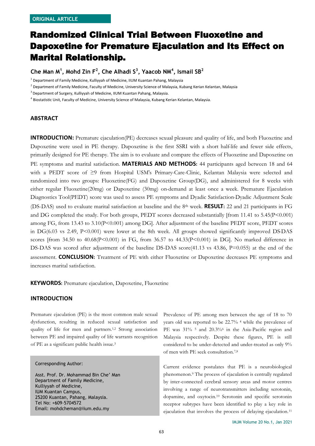 Randomized Clinical Trial Between Fluoxetine and Dapoxetine for Premature Ejaculation and Its Effect on Marital Relationship