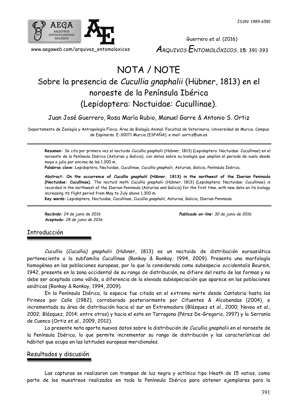 Cucullia Gnaphalii (Hübner, 1813) En El Noroeste De La Península Ibérica (Lepidoptera: Noctuidae: Cucullinae)