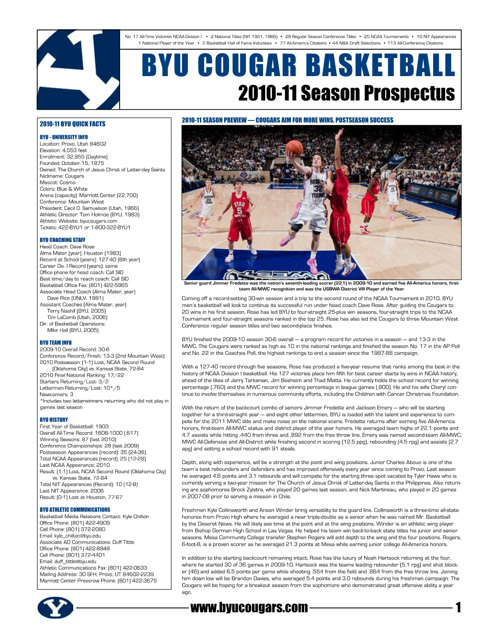 BYU COUGAR BASKETBALL 2010-11 Season Prospectus