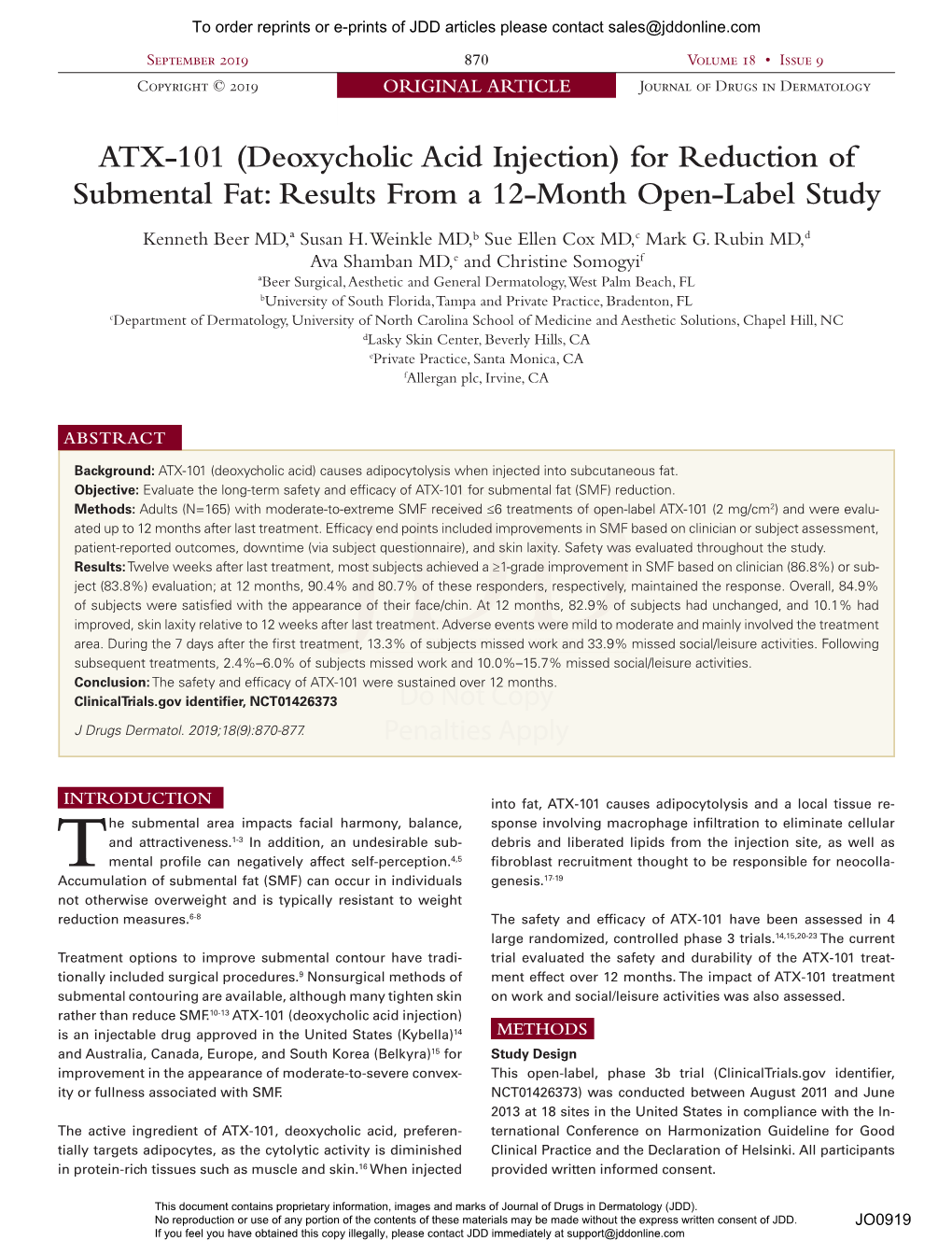 (Deoxycholic Acid Injection) for Reduction of Submental Fat: Results from a 12-Month Open-Label Study Kenneth Beer MD,ª Susan H