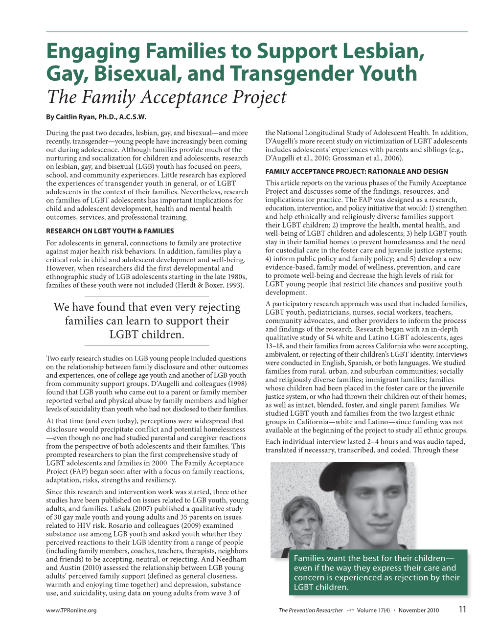 Engaging Families to Support Lesbian, Gay, Bisexual, and Transgender Youth the Family Acceptance Project by Caitlin Ryan, Ph.D., A.C.S.W