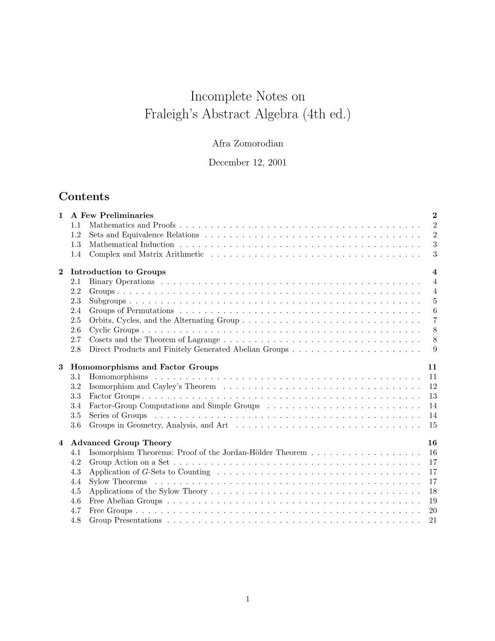 Incomplete Notes on Fraleigh's Abstract Algebra (4Th Ed.)